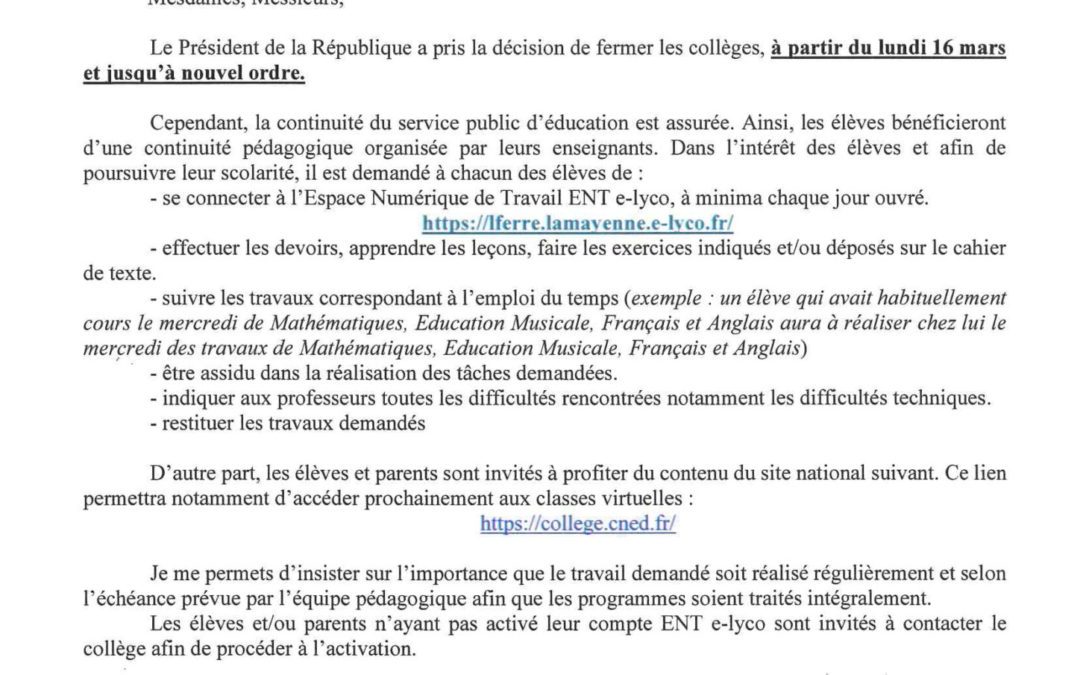 Lettre aux parents fermeture collège