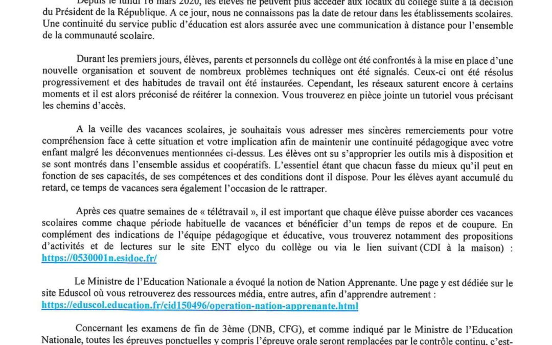 Courrier aux parents d’élèves et élèves